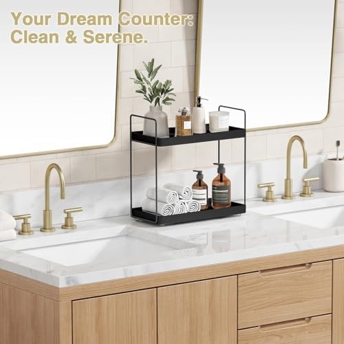Forbena Black Bathroom Counter Organizer, Tiered Bathroom Organizer Countertop Tray, Corner Makeup Vanity Shelf Organizers and Storage for Men Perfume Skin Care Kitchen Sink Coffee Bar Station - Image 5