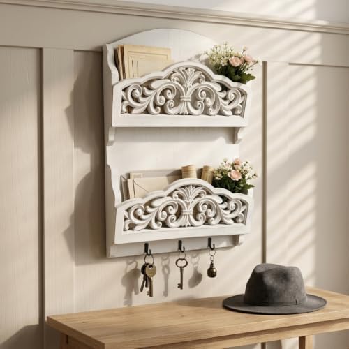 Rustic Key and Mail Holder, 2 Slot Wall Organizer with 3 Key Hooks - Image 4