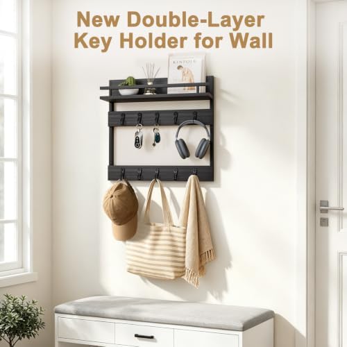 Two-Tier Wall Key Holder with Shelf,Wooden Key Holder Wall Mount - Image 4