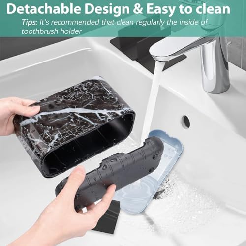 Boperzi Black Toothbrush Holder for Bathroom Toothpaste Organizer Countertop, Detachable Anti-Slip Marble Toothpaste Storage Caddy 6 Slots with Drainage Holes for Makeup Brush Razor Stand - Image 4