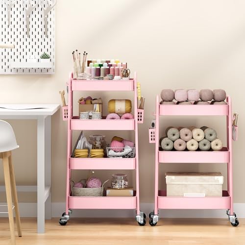 TOOLF 4 Tier Rolling Cart, Metal Utility Storage Cart with Pegboard, Pink | 2 Bins & 4 Hooks, Screwless Assembly, Lockable Wheels, Trolley Organizer for Bathroom, Kitchen, Office, Dorm, Craft Room - Image 2