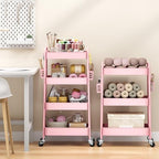 TOOLF 4 Tier Rolling Cart, Metal Utility Storage Cart with Pegboard, Pink | 2 Bins & 4 Hooks, Screwless Assembly, Lockable Wheels, Trolley Organizer for Bathroom, Kitchen, Office, Dorm, Craft Room - Image 2