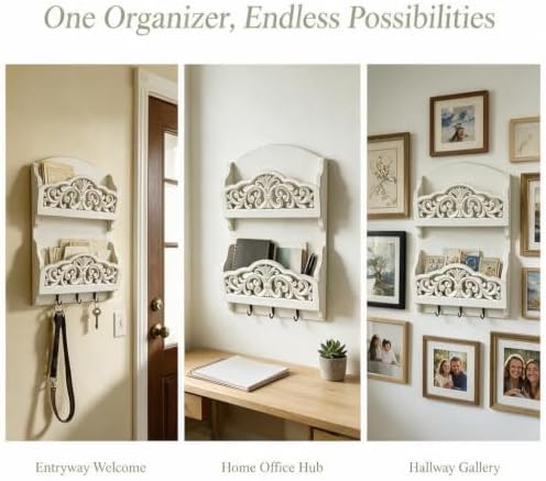Rustic Key and Mail Holder, 2 Slot Wall Organizer with 3 Key Hooks - Image 5
