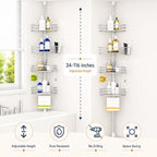 SEIRIONE Corner Shower Caddy Tension Pole, Quick Setup, Rust-Free Bathroom Shower Organizer Corner for Bathtub Shampoo Storage, 4-Tier Adjustable Shelf, Drill Free, Fits 34 to 116 Inch Height, Silver - Image 2