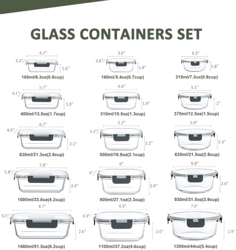 KOMUEE 30 Pieces Glass Food Storage Containers Set with Lids, Gray - Image 2