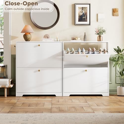 Nicetree Shoe Cabinet with 2 Flip Drawers, Narrow Shoe Organizer Cabinet, Freestanding Shoe Rack Cabinet, Modern Shoe Storage Cabinet for Entryway, Hallway, Foyer, White - Image 5
