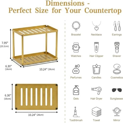 2 Tier Bathroom Counter Organizer, Rectangular Vanity Organizer Shelf, Skincare and Makeup Countertop Storage Rack for Kitchen, Bathroom, Bedroom Gold - Image 3