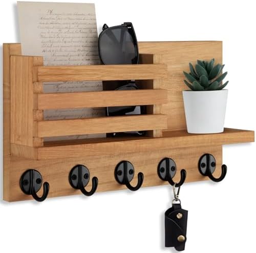 Lwenki Key Holder for Wall – Decorative Wooden Mail Holder and Key Shelf with Mounting Hardware, Installation Guide – Paulownia Wood with Metal Key Hooks (Light Brown, Large - 11.8inch) by Lwenki