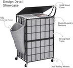 90L Laundry Basket with Wheels, Large Capacity Laundry Hamper with Removable Liner Bags, Heavy Duty Laundry Sorter with Solid Wood Lid & Leather Handles, Grey - Image 3
