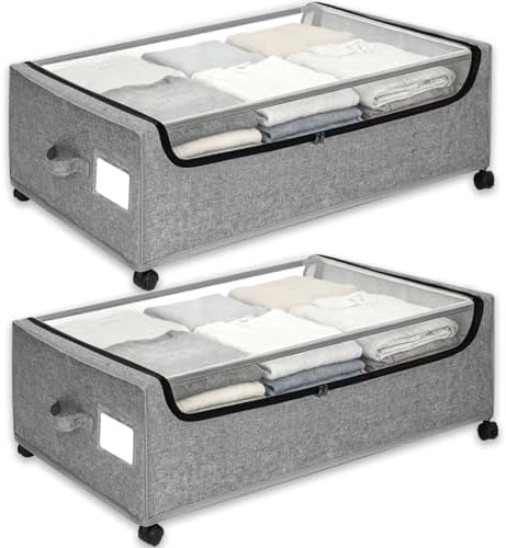 Under Bed Storage with Wheels, 2-Pack Under the Bed Storage Containers with Clear Lids & Label, Underbed Storage Bins, XXXL 85L 11 inches Rolling Metal Drawer for Clothes, Shoes, Toys, Books - Gray by JALUNIVERSALTRI