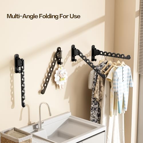 Wall Mounted Clothes Drying Rack, Laundry Clothes Hanger Rack Wall Mounted, Foldable Wall Clothes Rack for Laundry Room, Space Saving Closet Storage Organizer Clothes Hanger Indoor, 2pcs(Black) - Image 4