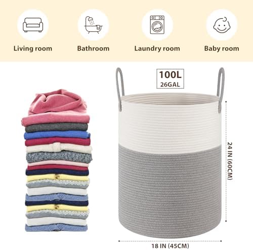 OIAHOMY 100L Nursery Hamper Laundry Basket Laundry Hamper Grey/White - Image 2