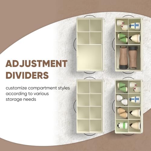 OIAHOMY 4 Pack Shoe Organizer for Closet, Foldable Shoe Storage Bins with Adjustable Dividers, Stackable Oxford Cloth Sneaker Boxes for Entryway Bedroom, Fits Up to 32 Pairs, Beige - Image 5