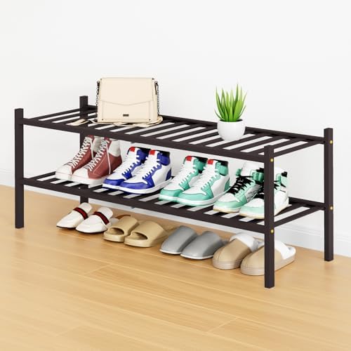 Smiry Bamboo Shoe Rack, 16 Vertical Slats, 2 Tier - 33.7" Wide, Brown by Smiry