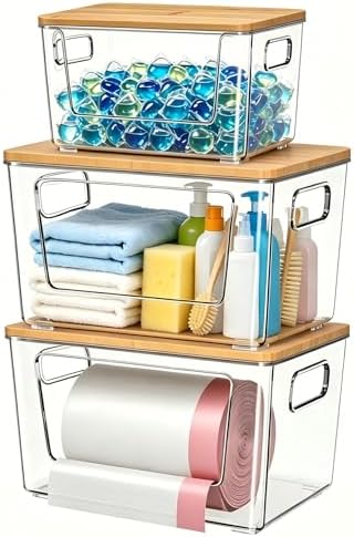 spospo 3 Pack Trash Bag Holder with Bamboo Lid Stackable Trashbag Dispenser by SPOSPO