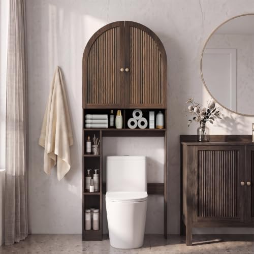 HMstone Over The Toilet Storage Cabinet, Arched Bathroom Organizer and Storage with Doors and Adjustable Shelf, Space-Saving Freestanding Bathroom Modern Storage Cabinet Over Toilet (Walnut) - Image 3