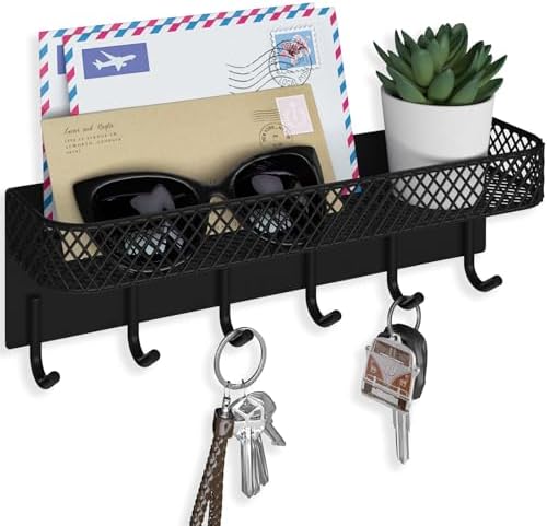 Lwenki Key Holder for Wall – Decorative Stainless Steel Key Hanger with 6 Hooks for Hats, Bags, Leashes – Mail Holder Key Rack with Mounting Hardware and Guide (9.65” x 2.8” x 2.2”) (Black) by Lwenki