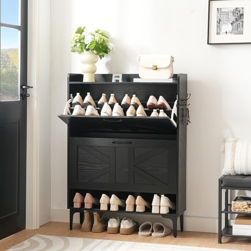 MAHANCRIS Shoe Storage Cabinet, Shoe Organizer with 2 Flip Drawers, Hidden Shoe Storage for Entryway, Freestanding Shoe Cabinet Organizer with Open Storages, Black SHHB9401 by MAHANCRIS