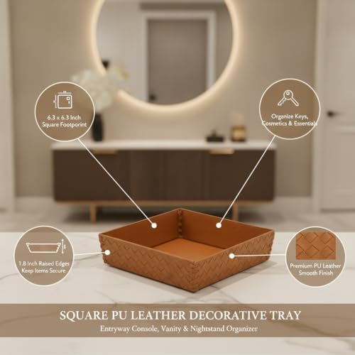 6.3 Inch Square PU Leather Catchall Tray for Keys, Jewelry & Decor - Modern Storage Organizer for Entryway, Vanity, Nightstand (1 Pack) - Image 4