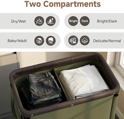 StorageWorks 2 Section Laundry Hamper, 100L Green Sorter Cart with Wheels - Image 4