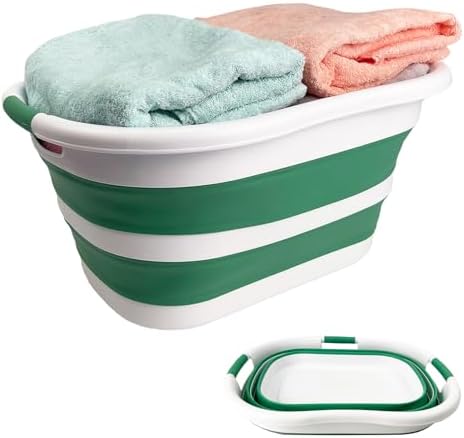 SAMMART 40L (10.5 gallon) Collapsible Plastic Laundry Hamper - Foldable Pop Up Storage Container/Organizer - Portable Washing Tub - Space Saving Basket (1, White/Winter Green) by SAMMART