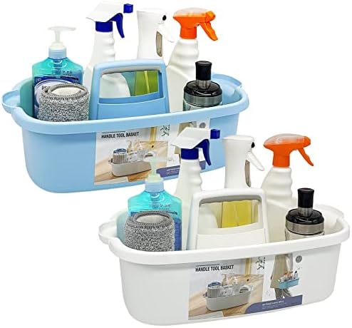Goderewild 2 Pack Multi-Purpose Plastic Cleaning Caddy with Handle, Shower Caddy Organizer/Storage Basket/Totes Portable for Bathroom Supplies, Cleaning Products, Under Sink Tool. (blue+white) by Goderewild
