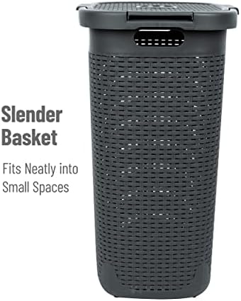Mind Reader 60L Slim Laundry Hamper, Clothes Basket, Lid, Wicker Style, Plastic, 17.65"L x 13.75"W x 24.15"H, Set of 2, Gray - Image 6