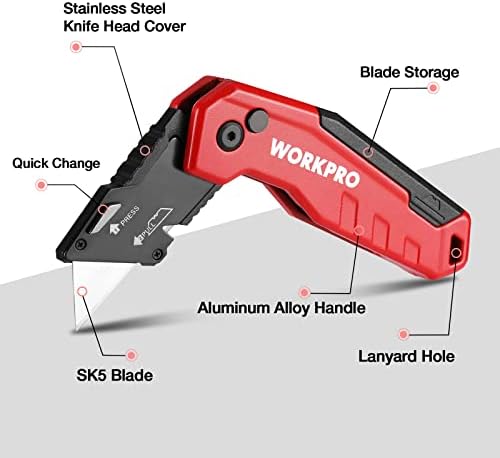 WORKPRO Folding Utility Knife, Quick Change Box Cutter, Red - Image 2