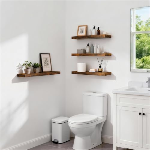 BAYKA Rustic Brown Floating Shelves 22.5in, 3 Pack, Wall Mount Wood Shelf - Image 4