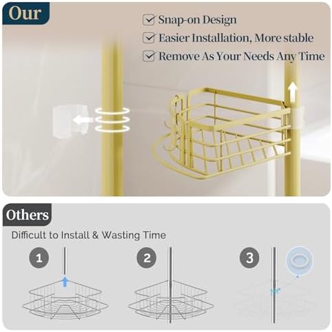 Consumest Corner Shower Caddy Tension Pole - Rustproof Shower Shelves with Towel Bar & Soap Holder, Adjustable Bath Organizer for Bathroom Storage, 27.6-108.3 inch, Gold - Image 4