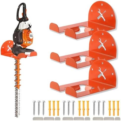 Upgraded Trimmer Rack Wall Mount - 8" Heavy Duty Weed Eater Hanger for Garage Wall, Garden Power Tool Holder Organizer Hooks for Grass Trimmer, Hedge Trimmer, Leaf Blower and Chainsaw, Orange, 3 Pack by IULRTBA