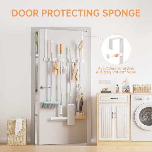 Broom Holder Over The Door with Hooks -304 Stainless Steel (White) - Image 3