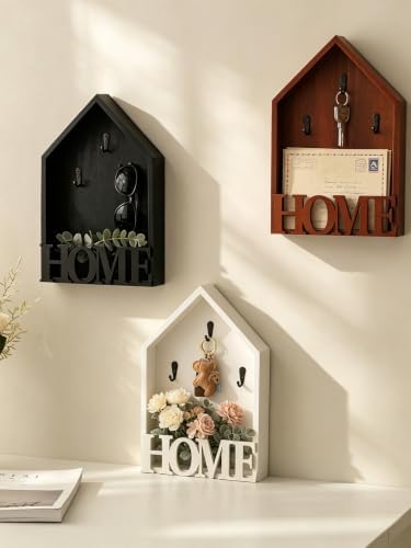 Key Holder Wall Mount, Pine Wood Key Hanger & Mail and Key Organizer for Wall, Decor Plate Hangers for Wall, Multifunctional Home Decor Entryway Key Holder with Shelf for Key & Plant Storage (Black) - Image 5