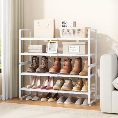 SAYZH Expandable Shoe Rack for Closet, Adjustable Metal Shoe Organizer with Sturdy Mesh Shelves for Boots & Heels, Stackable Shoe Storage for Entryway, Garage, Small Spaces (White, 4-Tier) - Image 2
