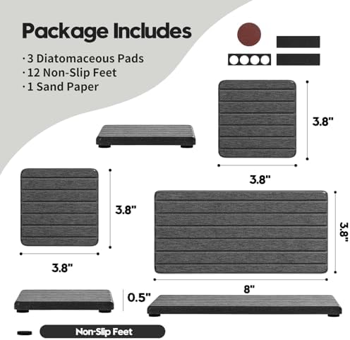 3 Pack Diatomite Stone Sink Tray, Water Absorbing Mat for Kitchen & Bathroom Counter, Quick Dry Soap Dish Makeup Vanity Caddy,Sponge Holder Organizer, Dark Gray 1pc of 8"x 3.8" and 2pcs of 3.8"x 3.8" - Image 2