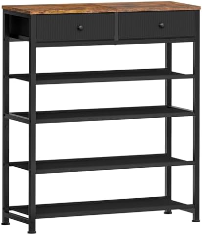 usikey Shoe Rack, 5 Tier Shoe Storage Organizer with 2 Drawers, Metal Shoe Shelf for 12-16 Pairs of Shoes, with 4 Oxford Fabric Shelves and Wooden Top, Shoe Stand for Closet Entryway, Black by USIKEY