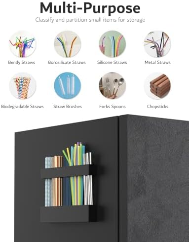 Magnetic Acrylic Straw Holder for Fridge - 5 Slot Sturdy Kitchen Organizer, Adhesive-Free Refrigerator Storage for Metal, Glass, Silicone Straws & Utensils (Separate unit Black-Magnetic Type-5C) - Image 4