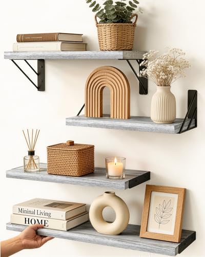 BAYKA Wall Shelves for Bedroom Decor, Wood, Gray White, Set of 4, 16in by Bayka