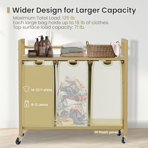 SwaaVee Laundry Sorter, Laundry Hamper 3 Section, 3×11.4Gal, Metal Frame Rolling Laundry Basket with Wooden Top Shelf, Pull out and Removable Laundry Bags, 3 Bags-Golden - Image 3