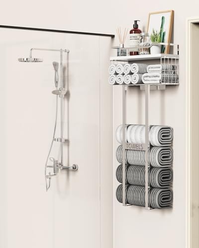 Aetyord Towel Racks for Bathroom - Wall Mounted Metal Rack with Wood Plank, Bathroom Storage Organizer, Towel Holder Stores 6 Large Rolled Towels Easily, Silver with White Plank - Image 3