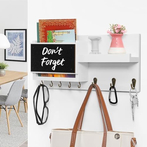 Decorative Key Hanging Rack with 8 Hooks – Easy Install Natural Wooden Key and Mail Holder for Wall Mount – Sunglasses Wallet Holder Entryway Decor with Shelf and Chalkboard (White) - Image 5