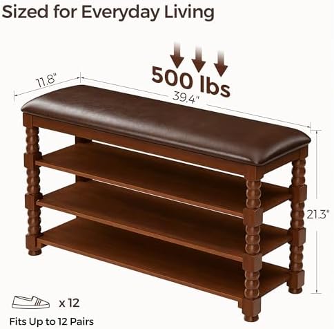 Homleke 39.4" Wide Solid Wood Shoe Rack Bench with Classic Turned Ball Legs - Image 3