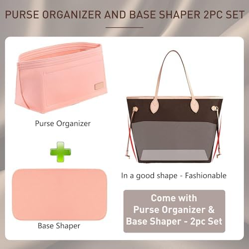 Doxo Purse Organizer Insert for Handbags & Base Shaper 2pc Set, Felt Neverfull MM Organizer Insert, Tote Bag Organizer with Zipper Pocket and Bottle Holder, Fit Speedy 30 Neverfull MM and More,Pink-L - Image 3