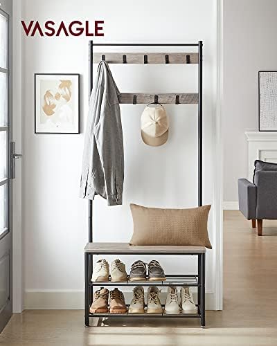 VASAGLE Coat Rack, Hall Tree with Shoe Storage Bench, 3-in-1, Steel Frame - Image 2
