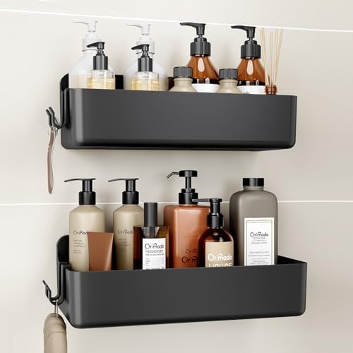 Orimade Shower Caddy 2-Pack, No-Drill Adhesive Shelves with 4 Hooks for Bathroom, Rustproof ABS Plastic Storage Organizer Set, Black by Orimade