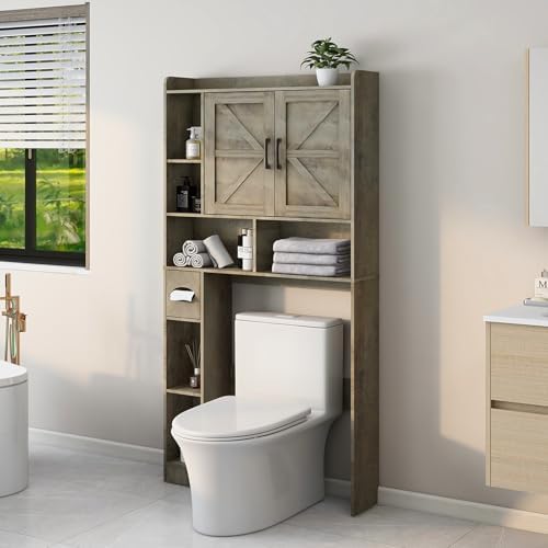 Vabches Over The Toilet Storage Cabinet with 2 Barn Doors, Grey - Image 6