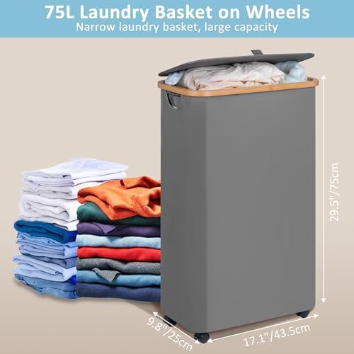 efluky Slim Laundry Basket with Wheels, Narrow Rolling Laundry Hamper with Lid and Removable Bag, Tall Aesthetic Dirty Clothes Hamper on Wheels for Laundry Room, Bedroom, Dorm and Bathroom, 75L Grey - Image 4