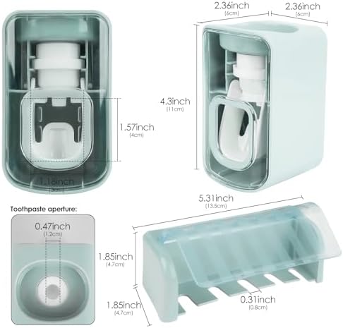5 Slots Wall Mount Toothbrush Holder with Cover, Self Adhesive Toothbrush Storage Organizer for Shower, Toothbrush Hanger with Automatic Toothpaste Squeezer Dispenser (Blue) - Image 2