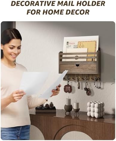 Rebee Vision Mail Organizer Wall Mount with Hooks for Entryway, Retro Brown - Image 3
