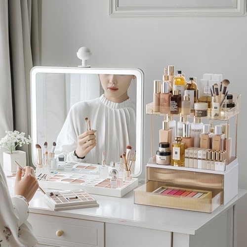 Delamu 4-Tier Makeup Organizer, Bathroom Counter Storage, 2 Drawers, Amber - Image 4